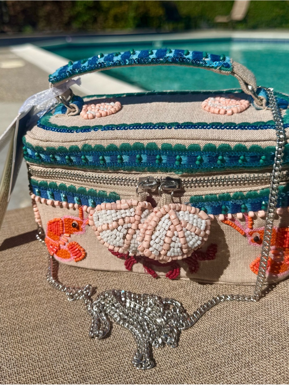 NWT Viral Beaded Seashell Crab Shrimp Crossbody & Handle Canvas Bag